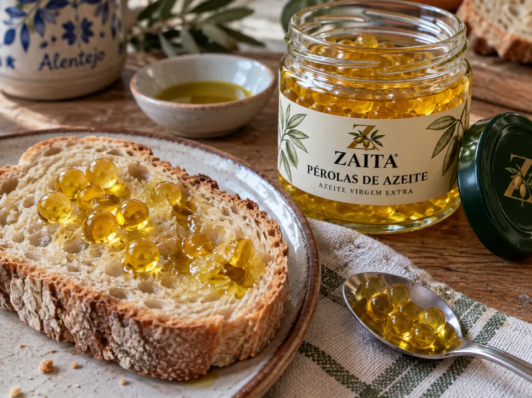 Pérolas de azeite ZAITA sobre pão rústico, com frasco aberto e colher na mesa.